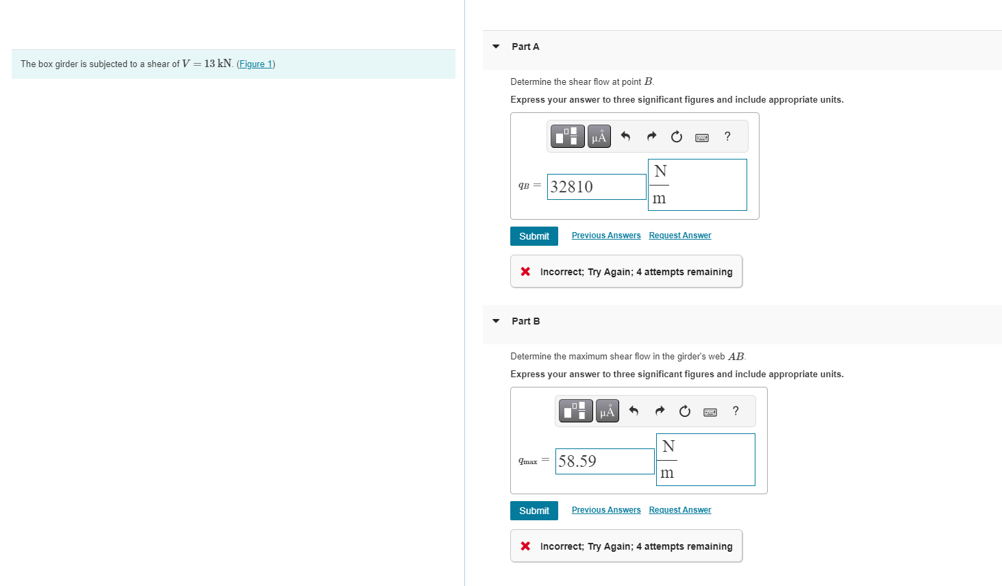 The box girder is subjected to a shear of V = 1 3