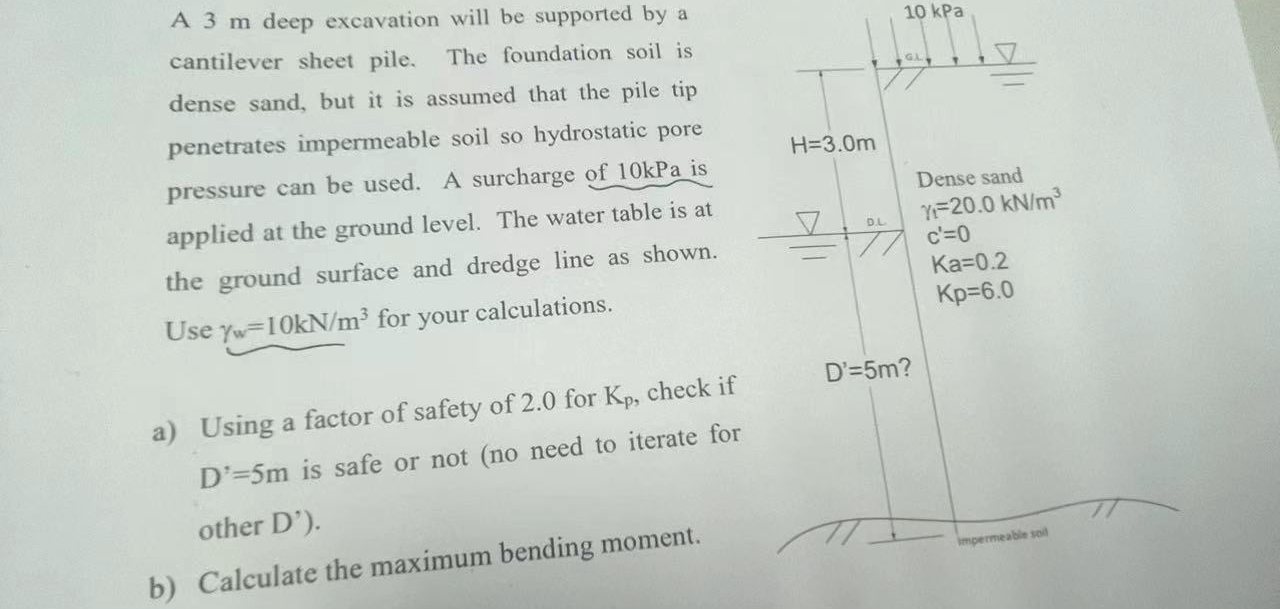 A 3 m deep excavation will be supported by a