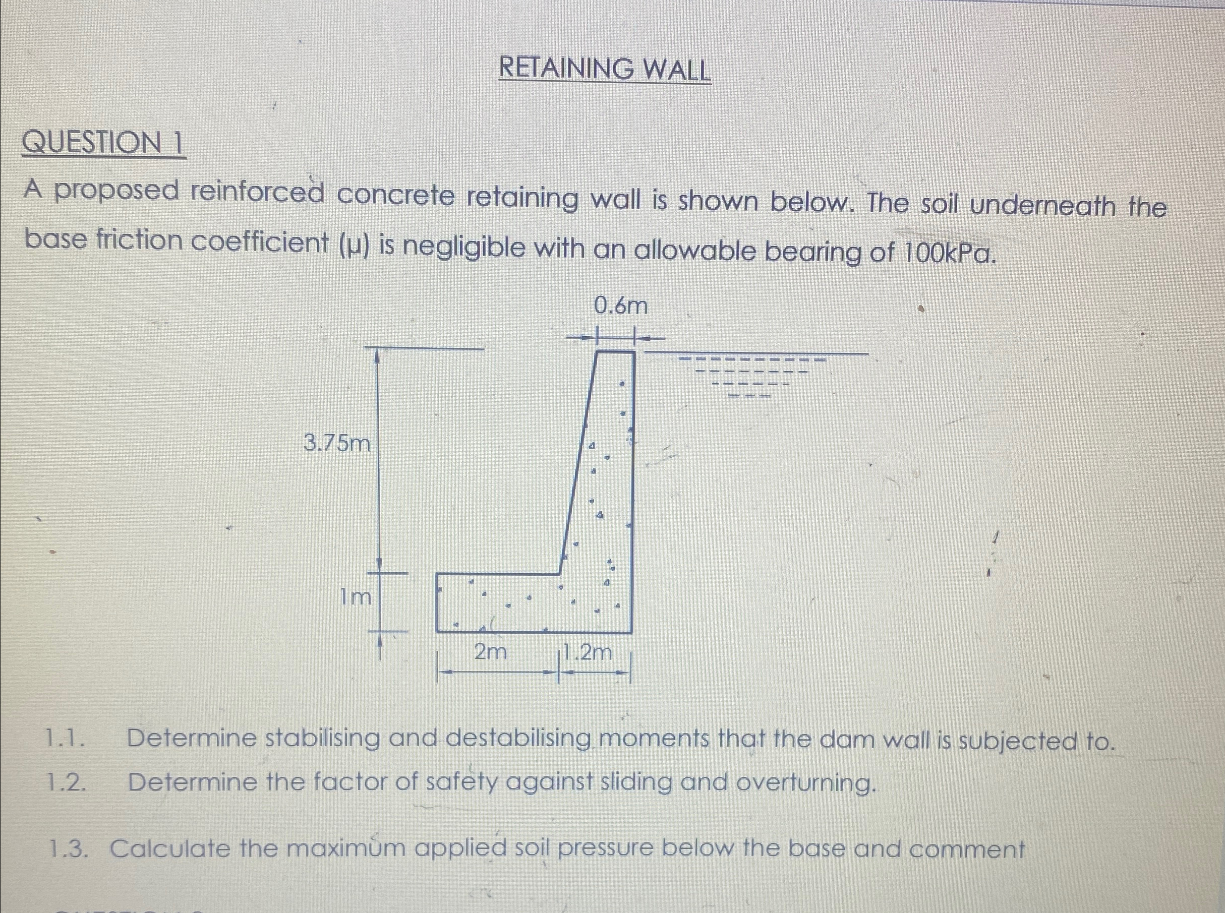 RETAINING WALL QUESTION 1 A proposed reinforced