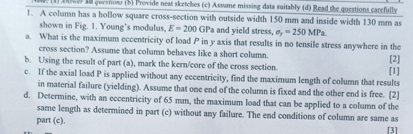 A column has a hollow square cross - section with