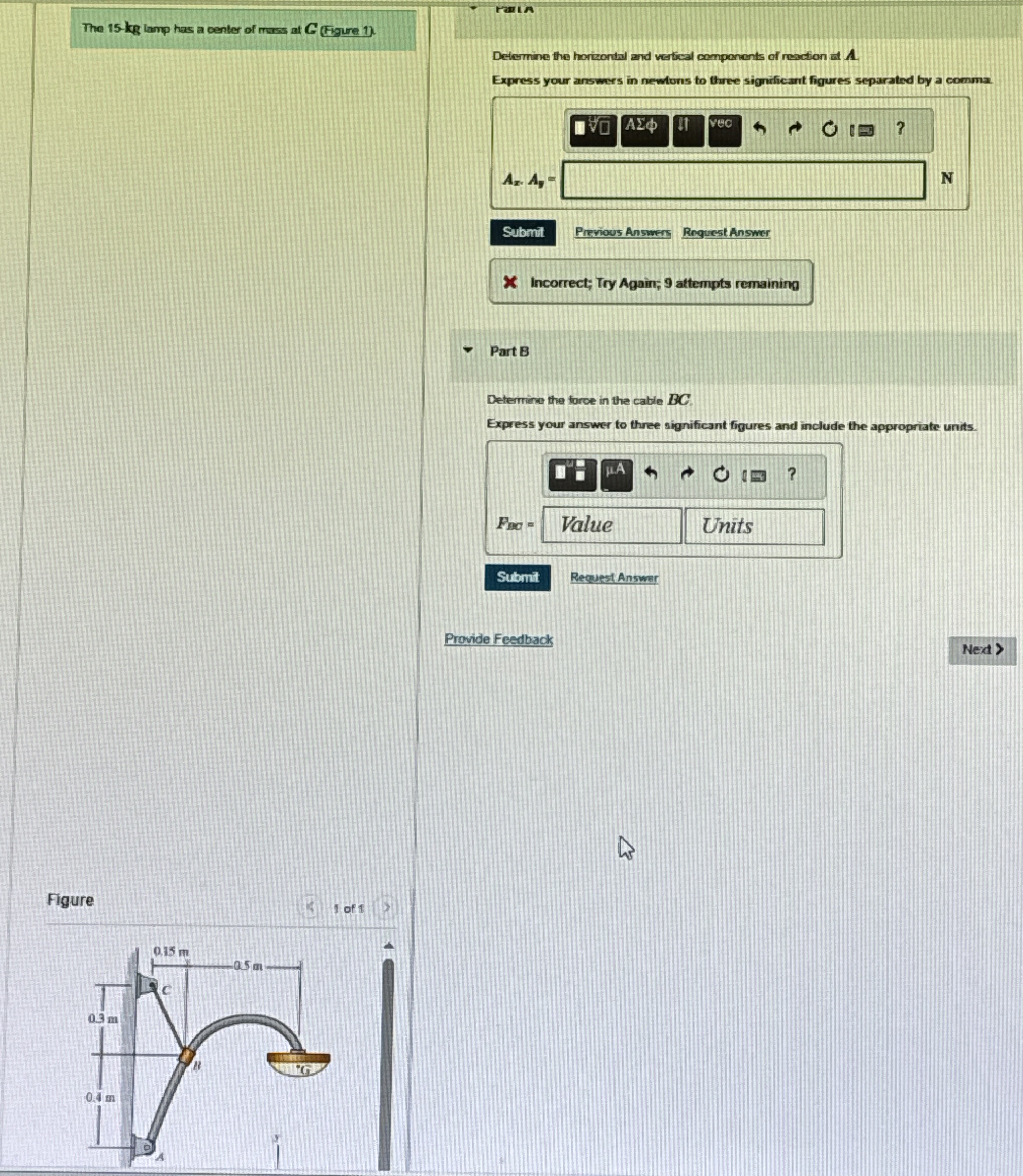 The 1 5 - kg lamp has a center of mass at G ( F -