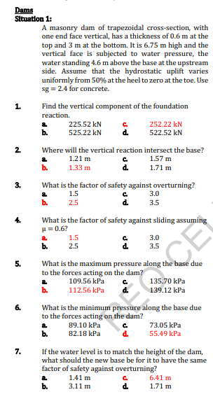 Situation 1 : A masonry dam of trapezoidal cross