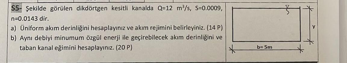 S 5 - ekilde g r len dikd rtgen kesitli kanalda Q