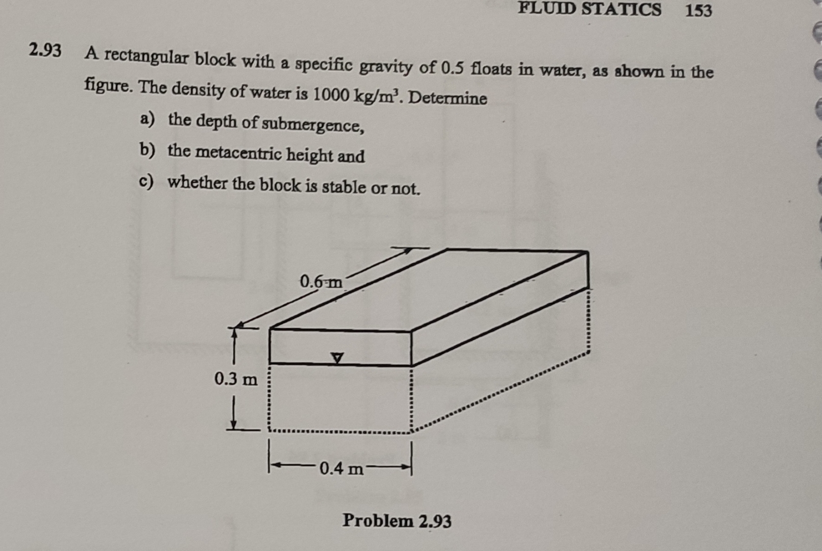 FLUID STATICS 1 5 3 2 . 9 3 A rectangular block