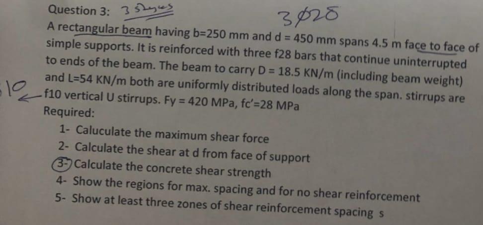 Question 3 : 3 sheses A rectangular beam having b