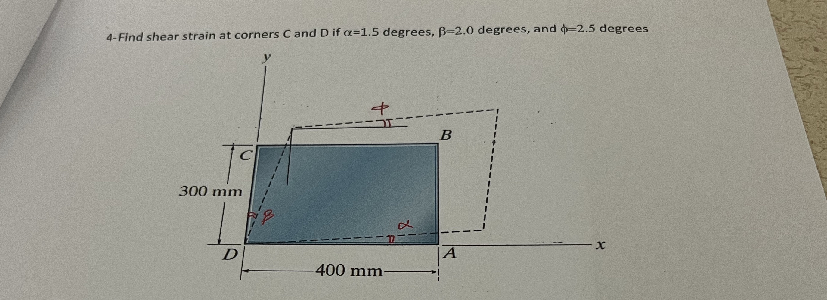 4 - Find shear strain at corners C and D if = 1 .