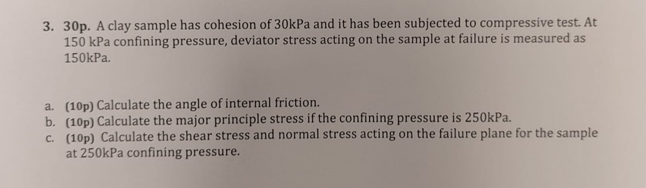 A clay sample has cohesion of 3 0 kPa and it has