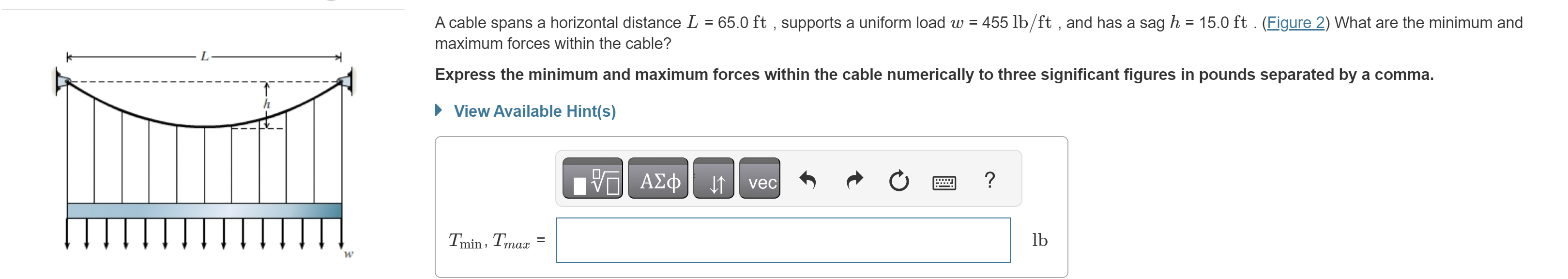 A cable spans a horizontal distance L = 6 5 . 0 f