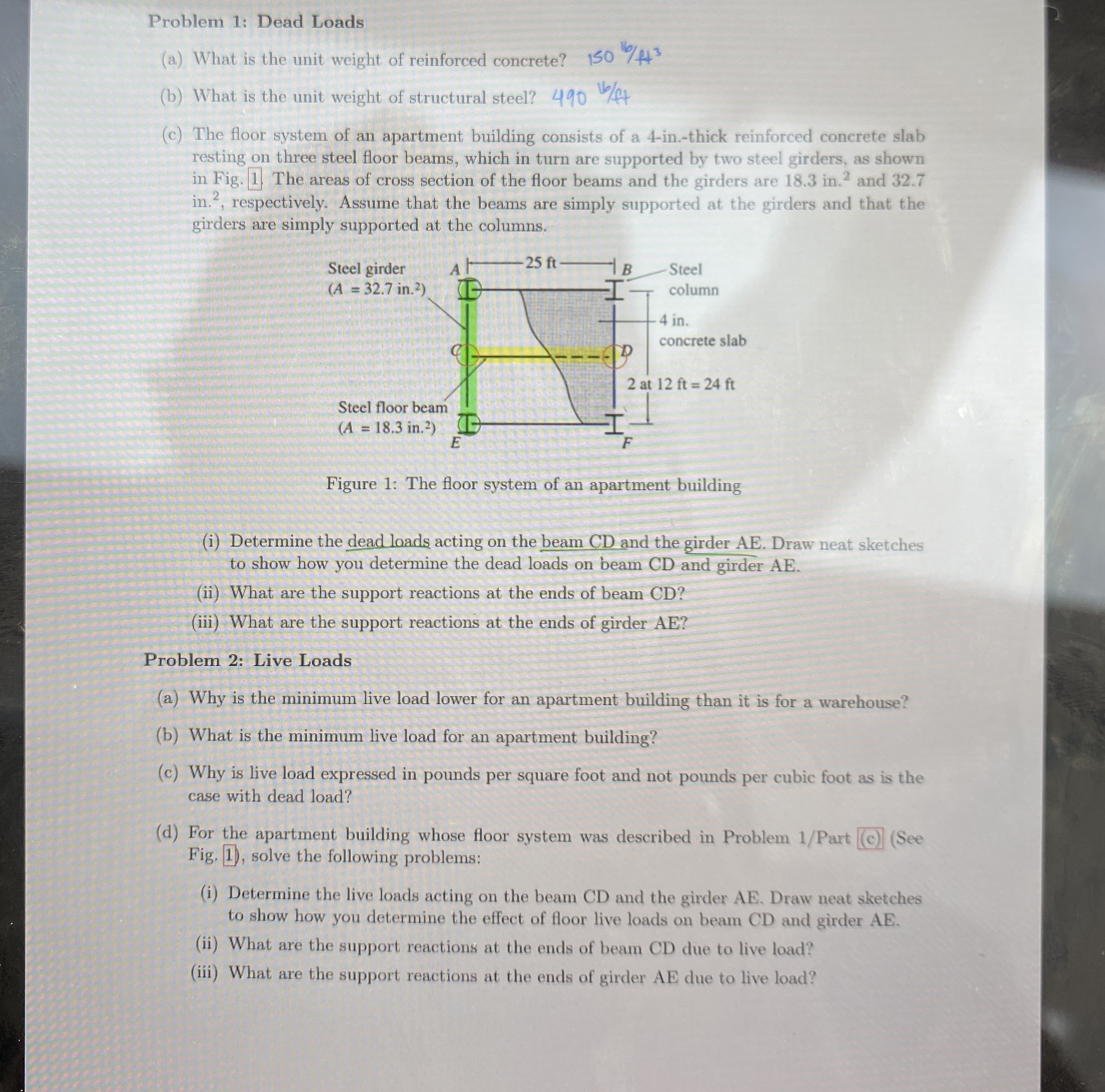 Problem 1 : Dead Loads ( a ) What is the unit