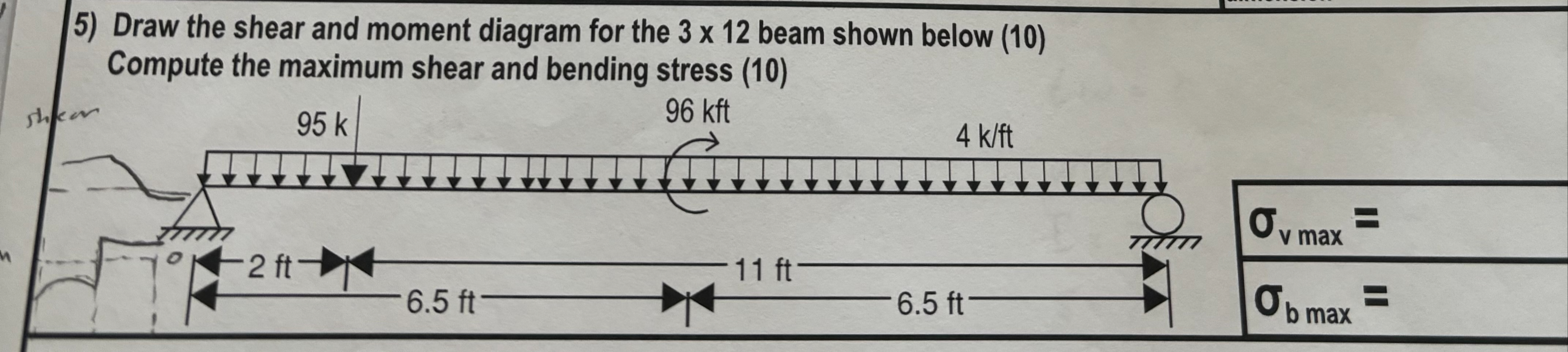Draw the shear and moment diagram for the 3 1 2