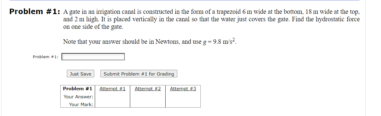 Problem # 1 : A gate in an irrigation canal is