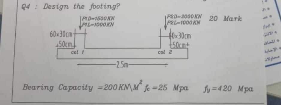 Q 4 : Design the footing? Bearing Capacity = 2 0