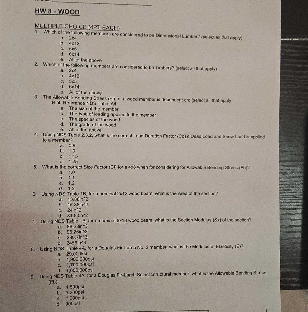 HW 8 - WOOD MULTIPLE CHOICE ( 4 PT EACH ) Which