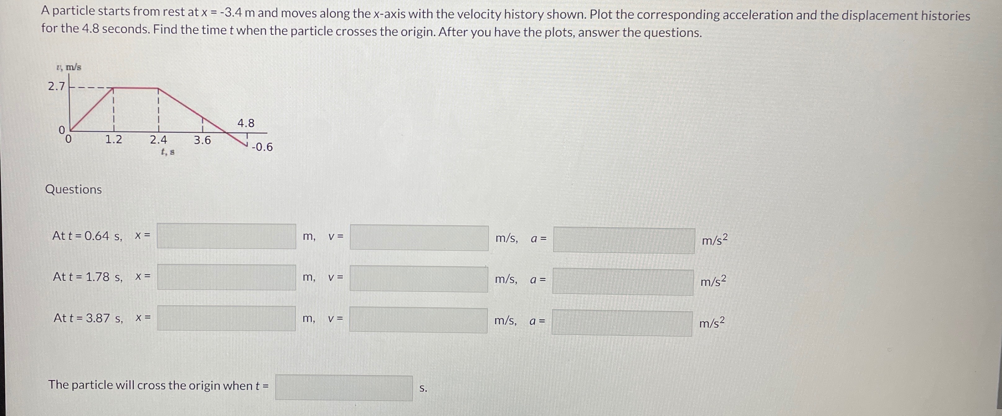 A particle starts from rest at x = - 3 . 4 m and