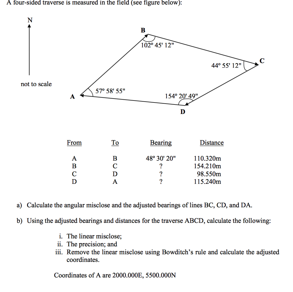 A four - sided traverse is measured in the field