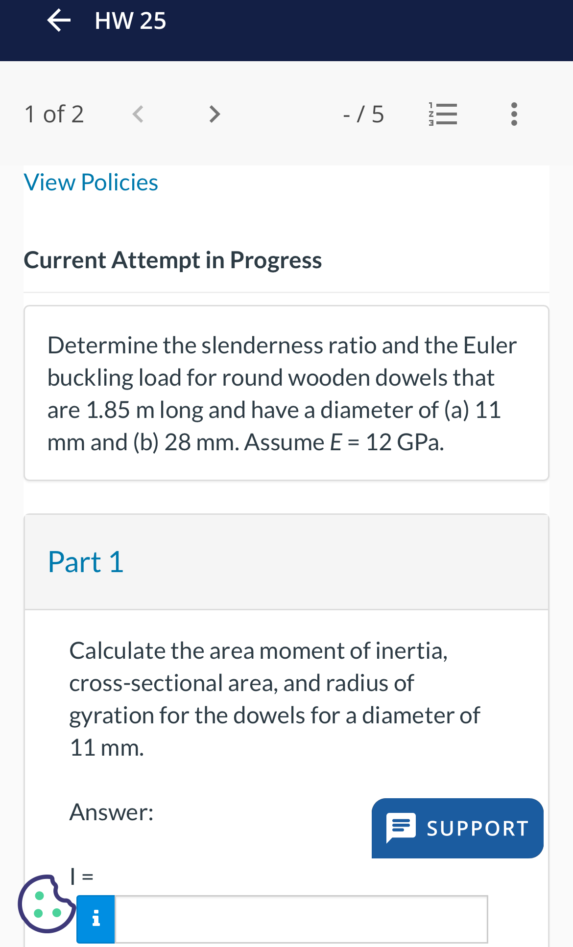 HW 2 5 1 of 2 - 5 View Policies Current Attempt