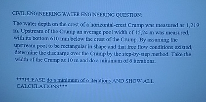 CIVIL ENGINEERING WATER ENGINEIERING QUESTION: