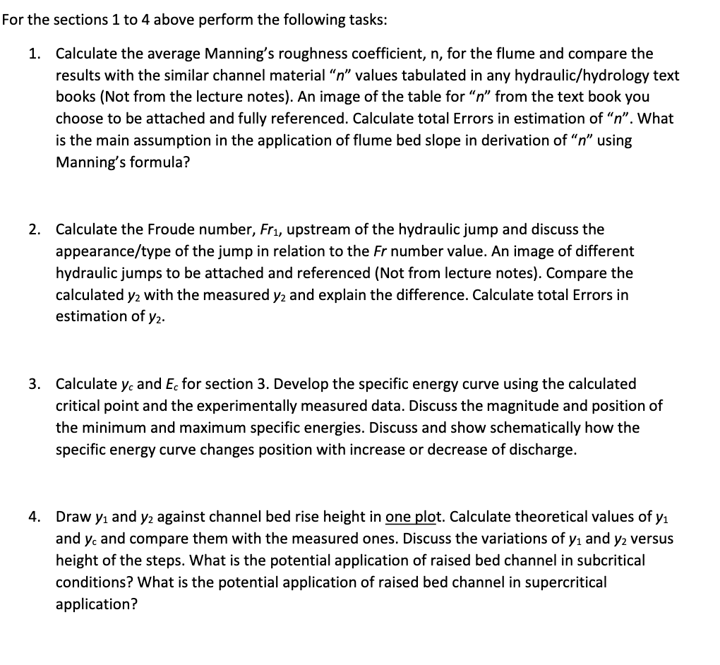 For the sections 1 to 4 above perform the