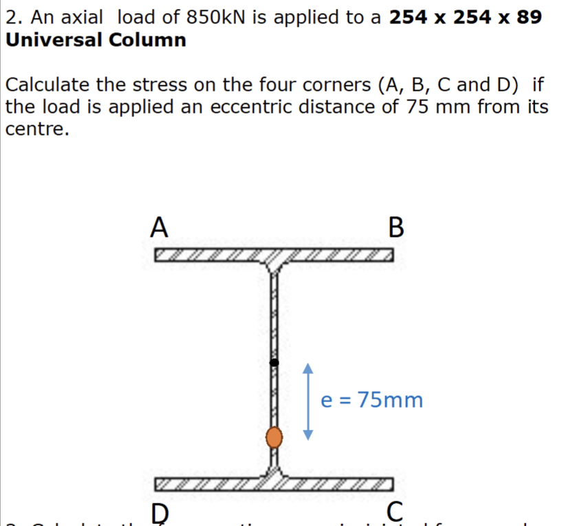 An axial load of 8 5 0 kN is applied to a 2 5 4 x