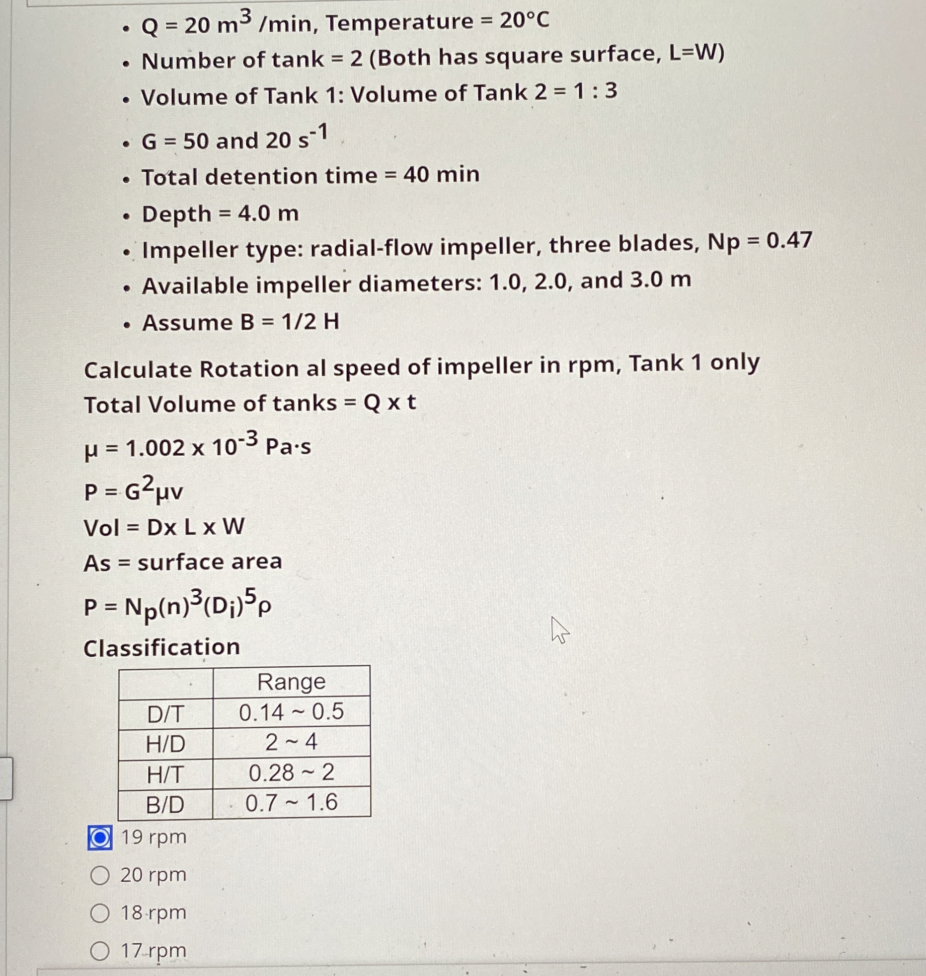 Q = 2 0 m 3 m i n , Temperature = 2 0 C Number of