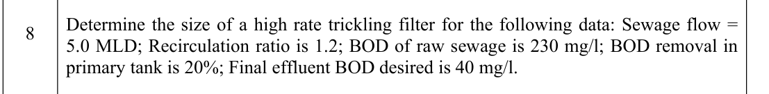 Determine the size of a high rate trickling