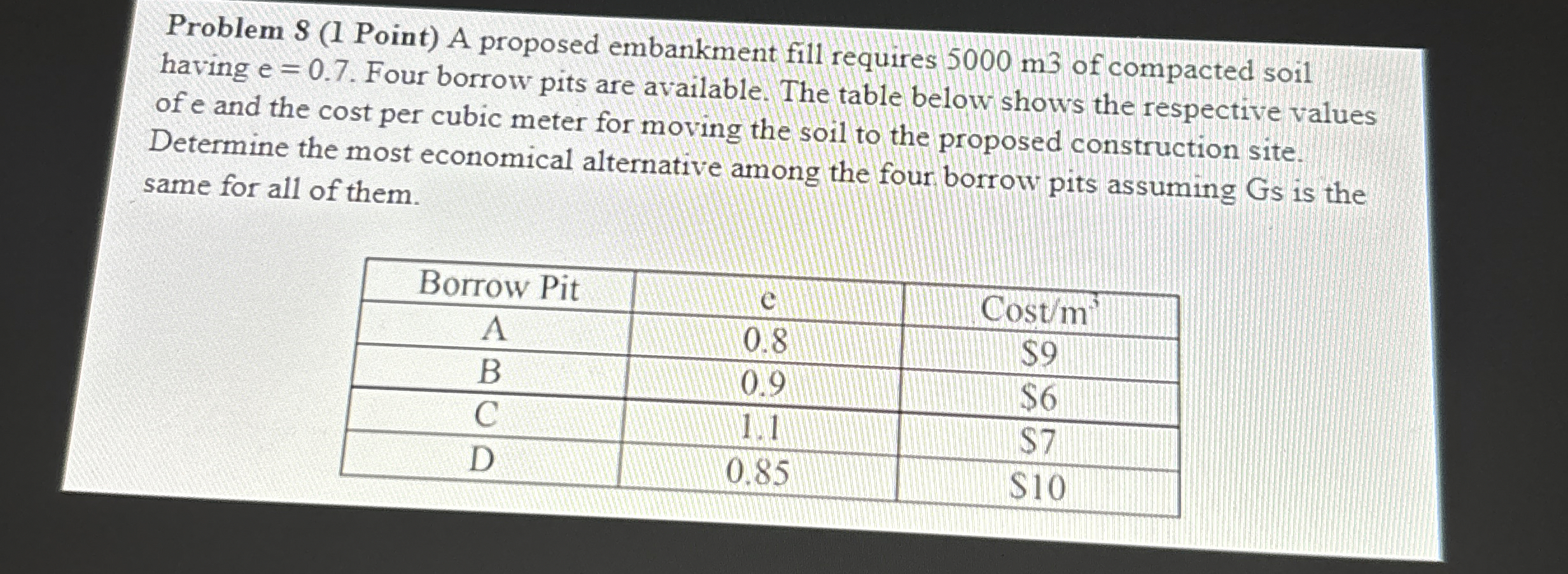 Problem 8 ( l Point ) A proposed embankment fill