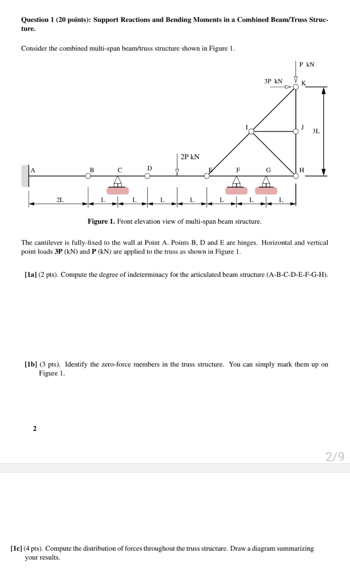 Question 1 ( 2 0 points ) : Support Reactions and