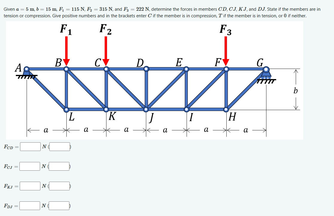 Given a = 5 m , b = 1 5 m , F 1 = 1 1 5 N , F 2 =