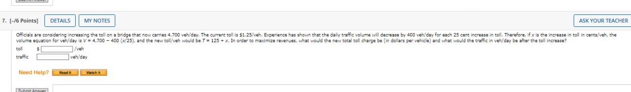 [ - / 6 Points ] toll s / veh traffic veh / day