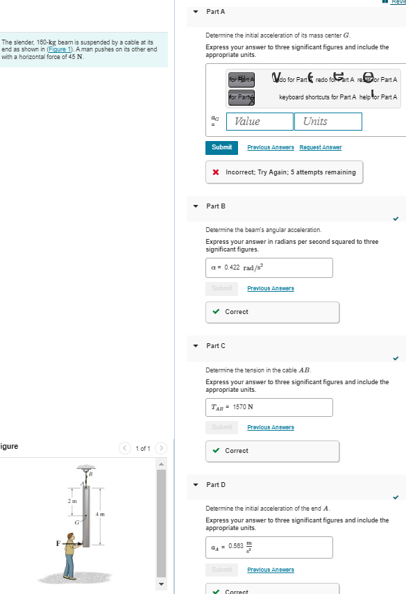 Solve for A: The slender, 1 6 0 - k g beam is