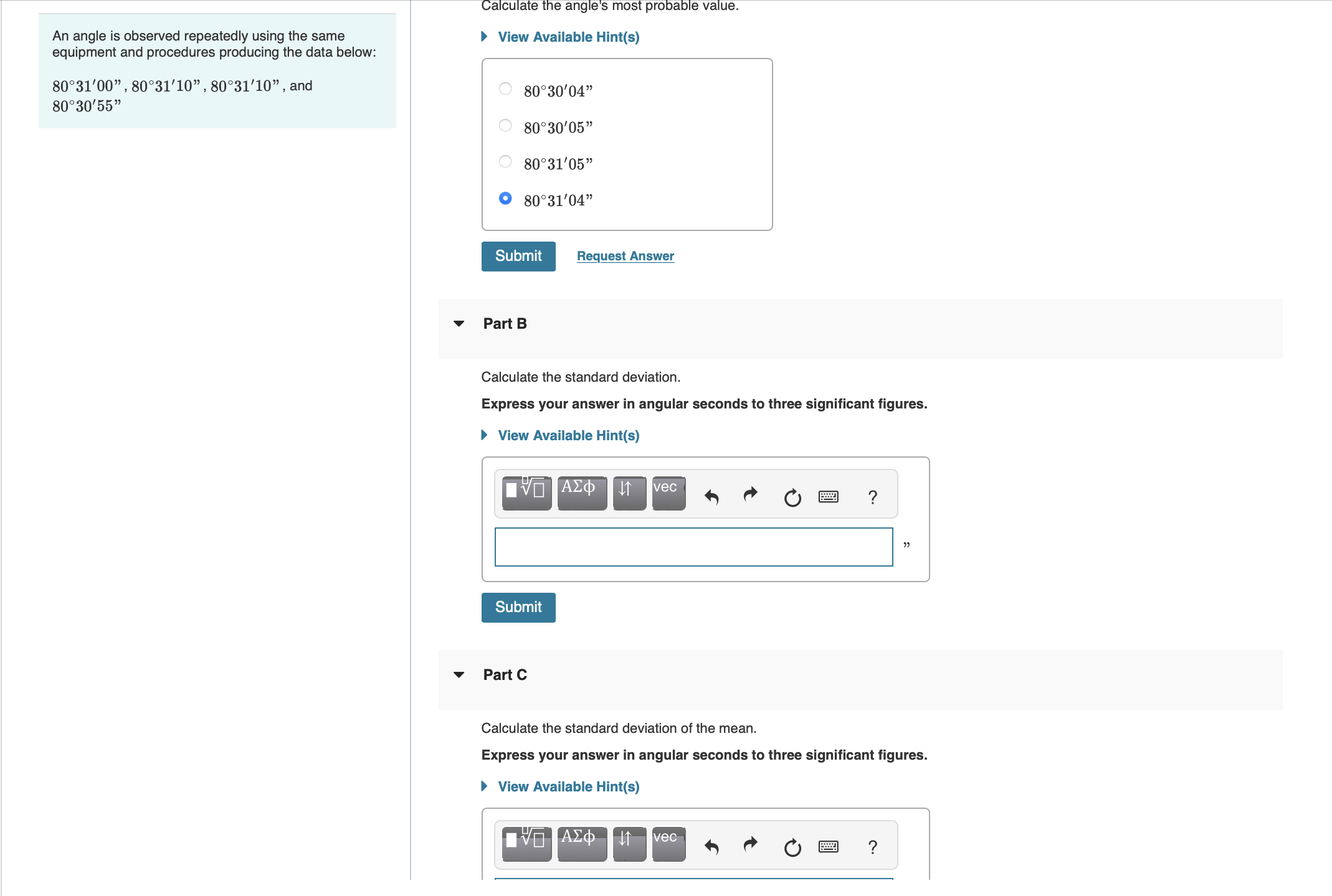 An angle is observed repeatedly using the same