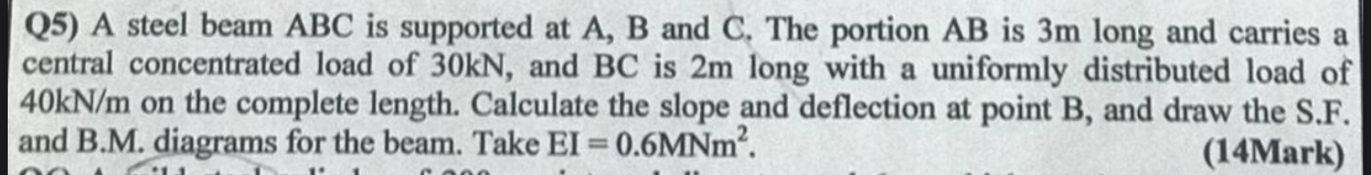 Q 5 ) A steel beam ABC is supported at A , B and