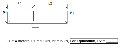 L 1 = 4 meters, P 1 = 1 3 k N , P 2 = 6 k N , For