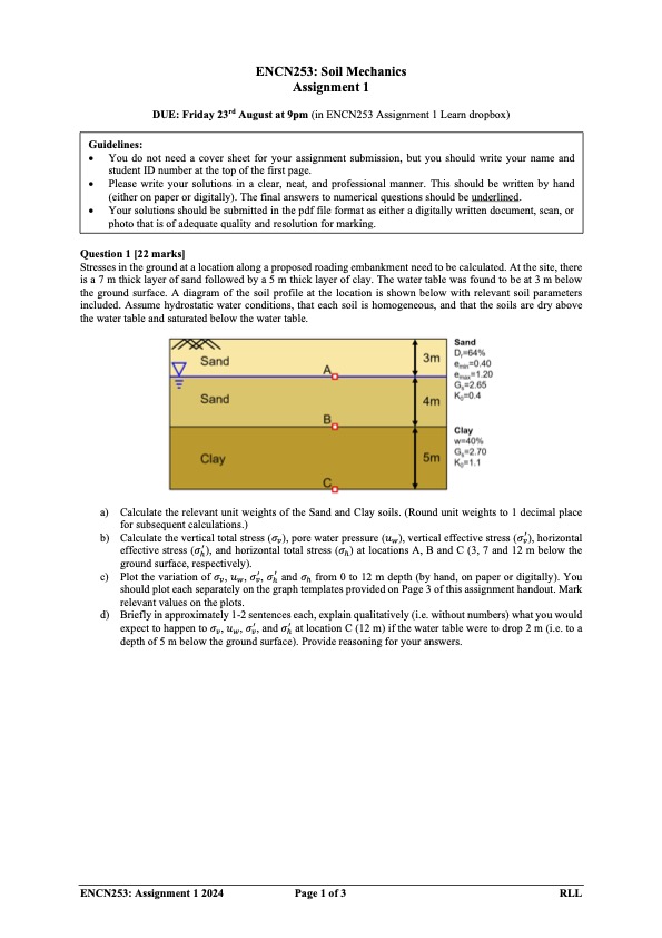 ENCN 2 5 3 : Soil Mechanics Assignment 1 DUE: