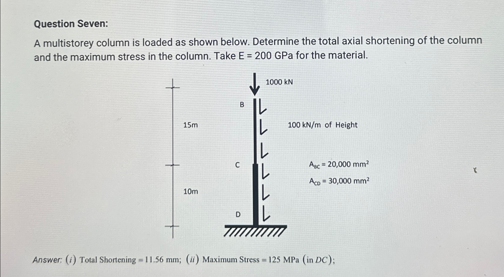 Question Seven: A multistorey column is loaded as