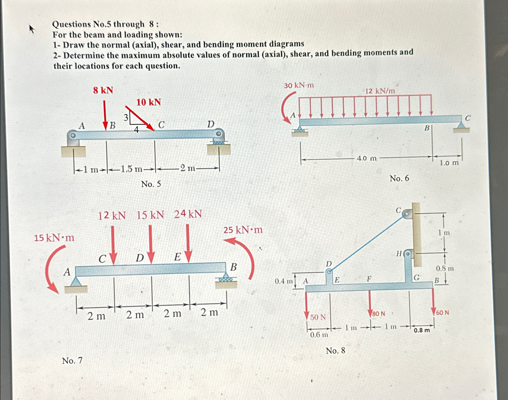 Questions No . 5 through 8 : For the beam and