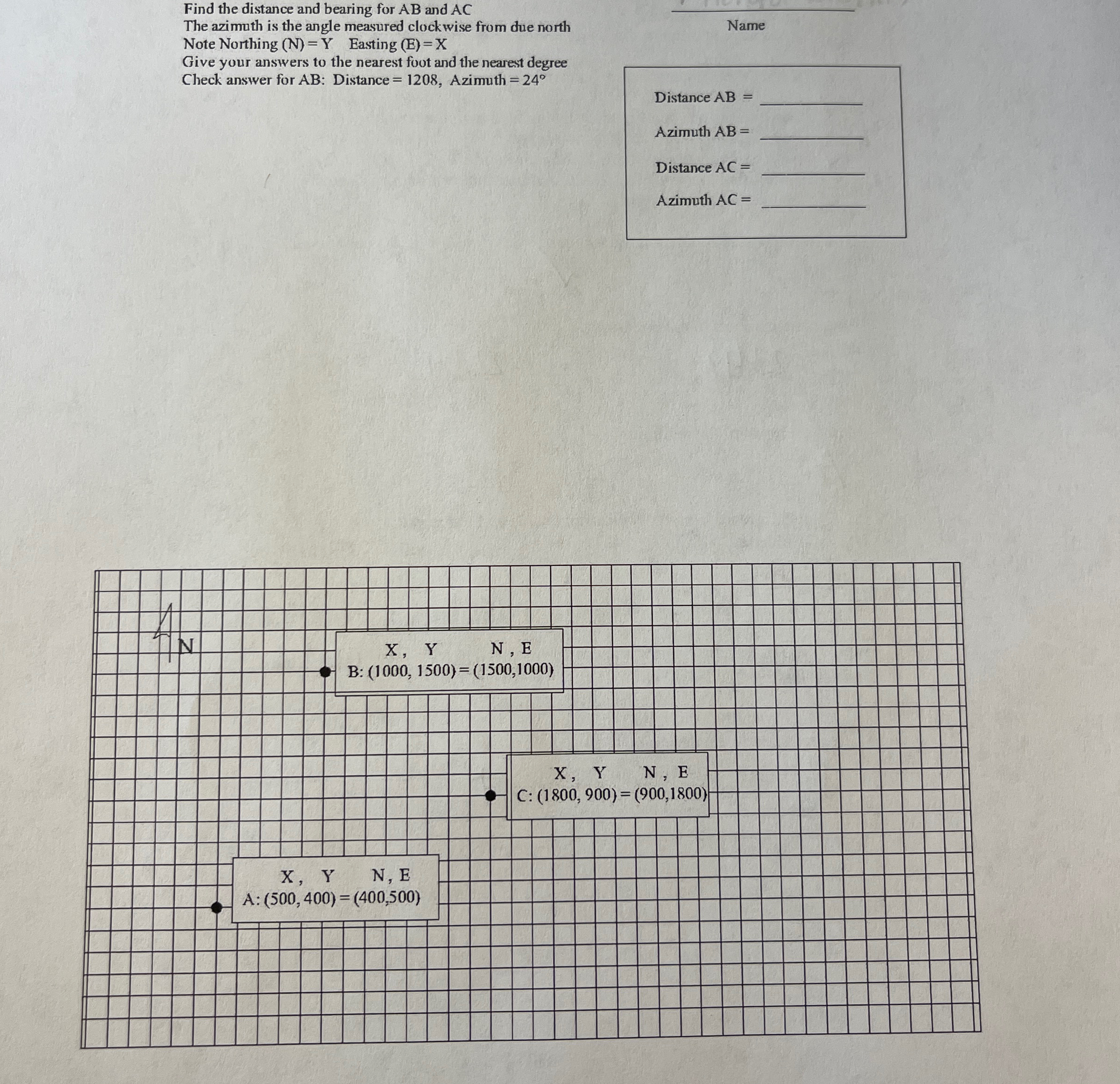 Find the distance and bearing for A B and A C The