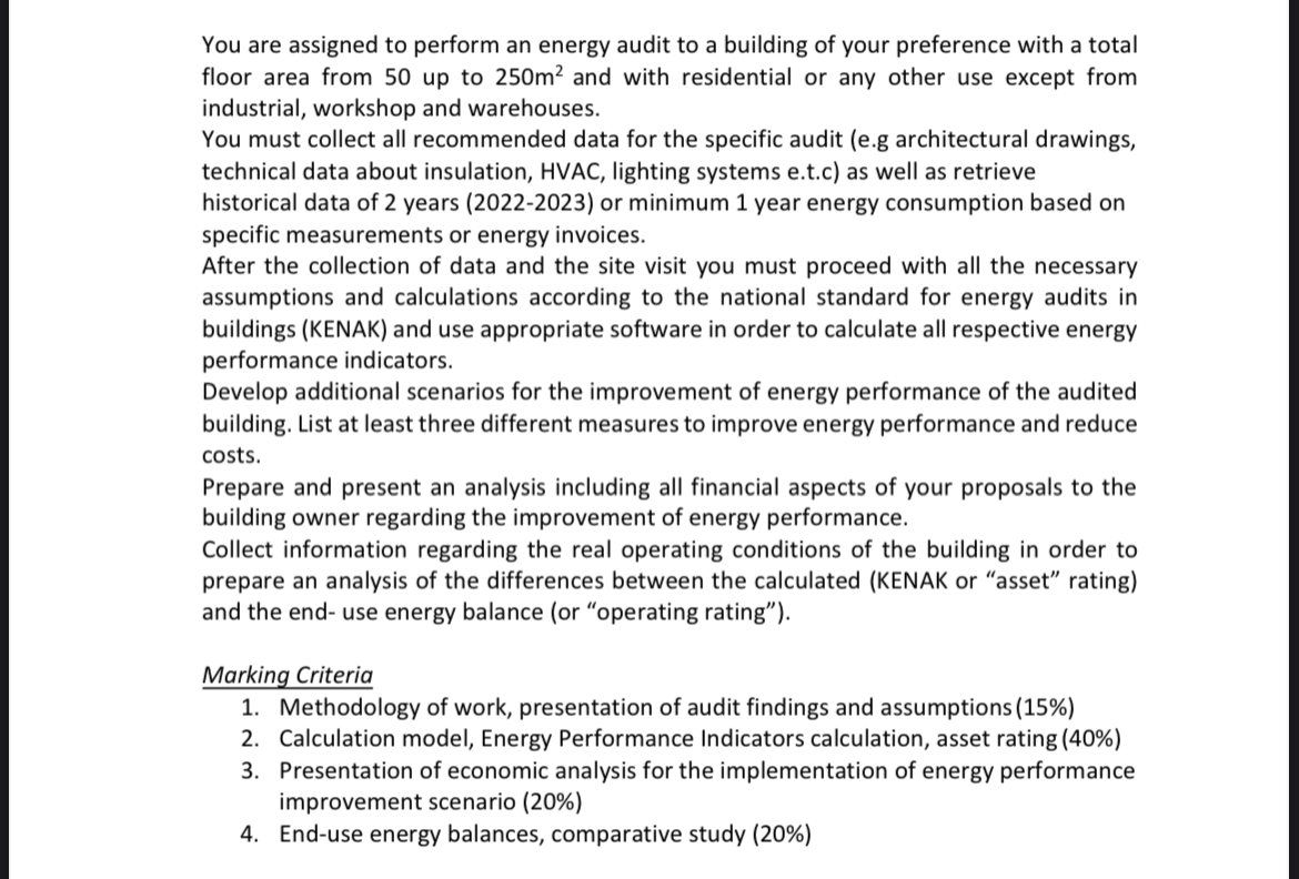 You are assigned to perform an energy audit to a