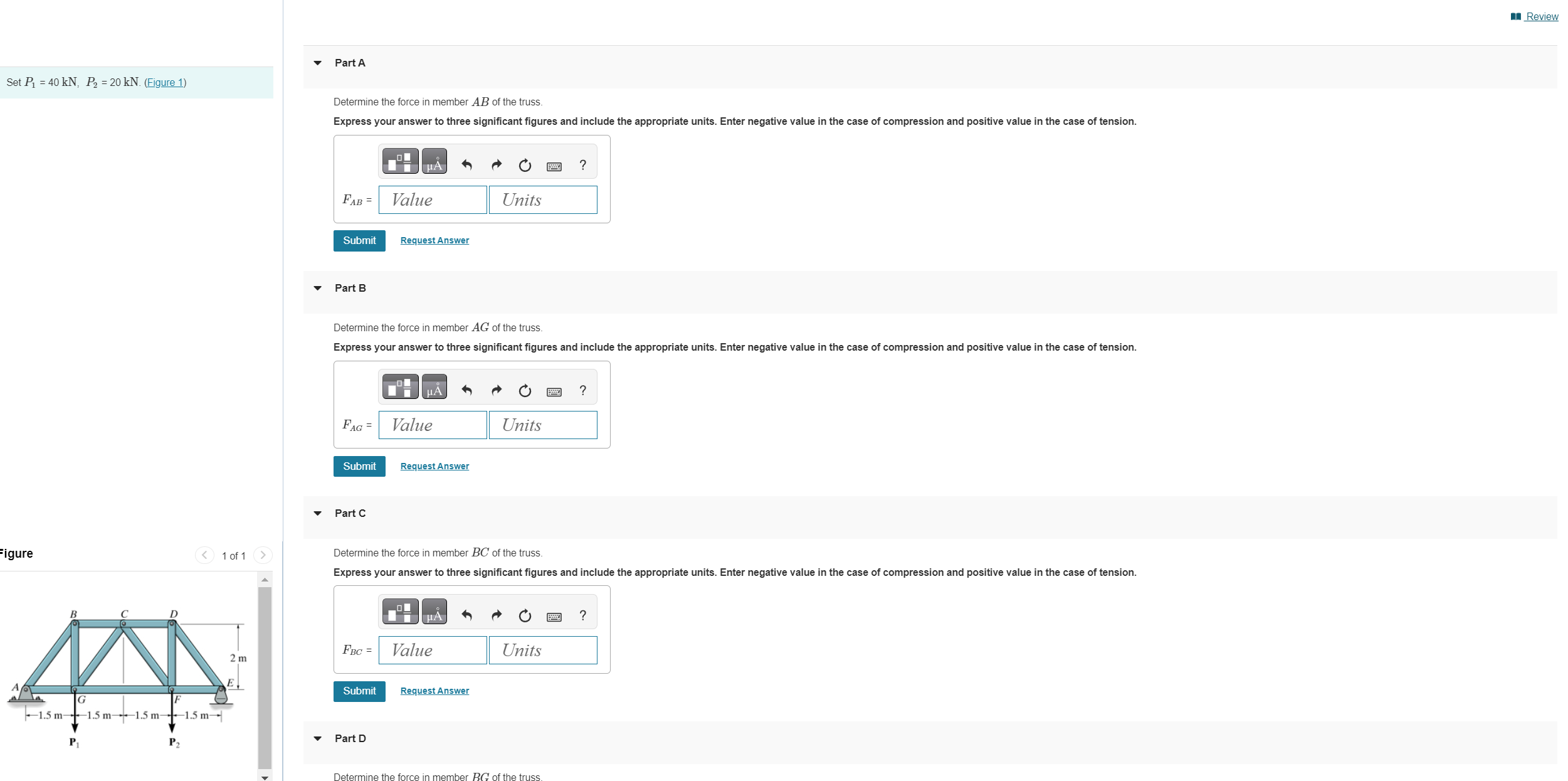 p 1 = 4 0 kN p 2 = 2 0 kN Determine the force in