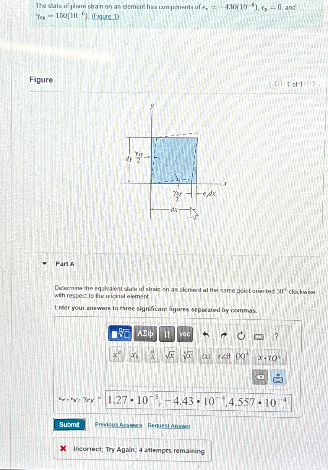 The state of plane strain on an element has