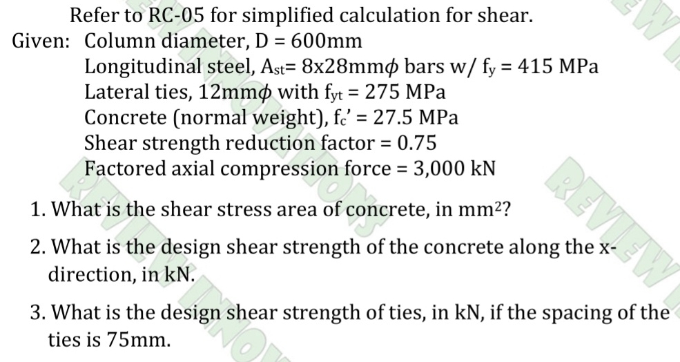 Given: Column diameter, D = 6 0 0 m m