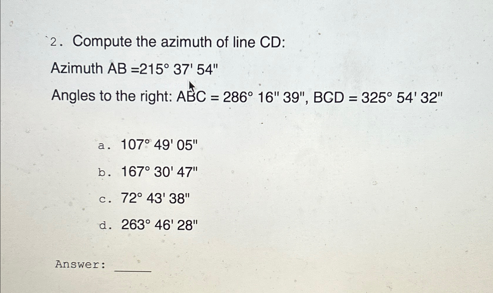 Compute the azimuth of line CD: Azimuth A B = 2 1