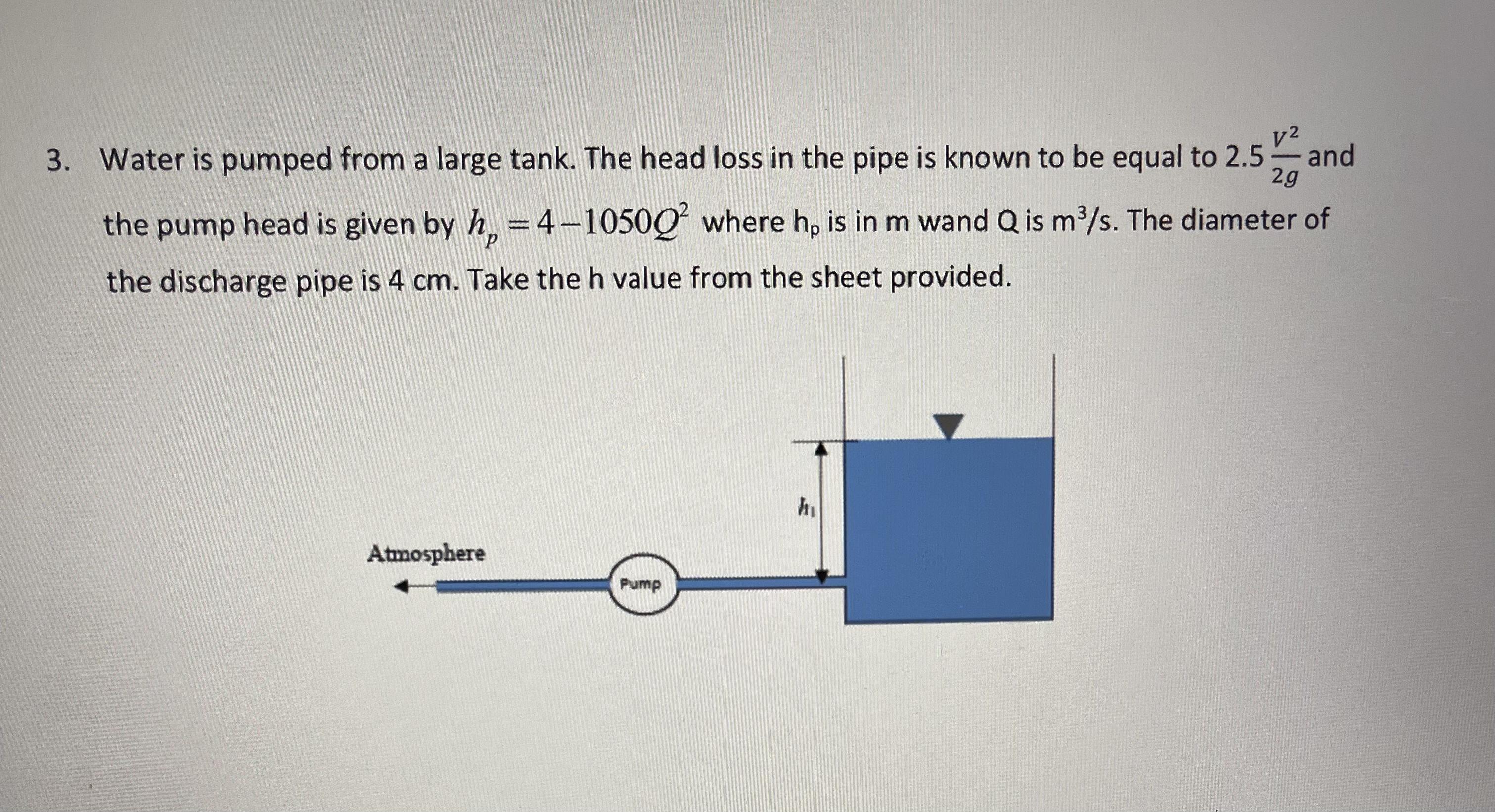 Water is pumped from a large tank. The head loss
