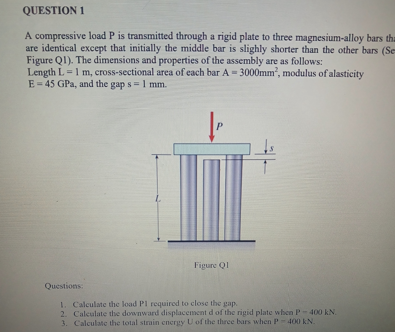 QUESTION 1 A compressive load P is transmitted