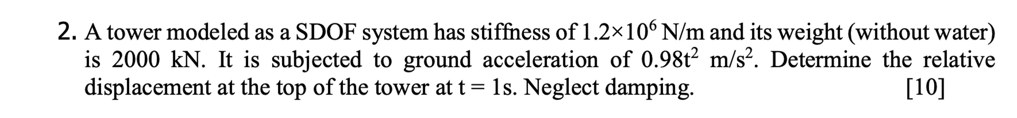 A tower modeled as a SDOF system has stiffness of