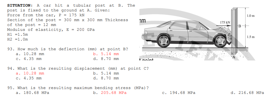 SItUATION: A car hit a tubular post at B . The