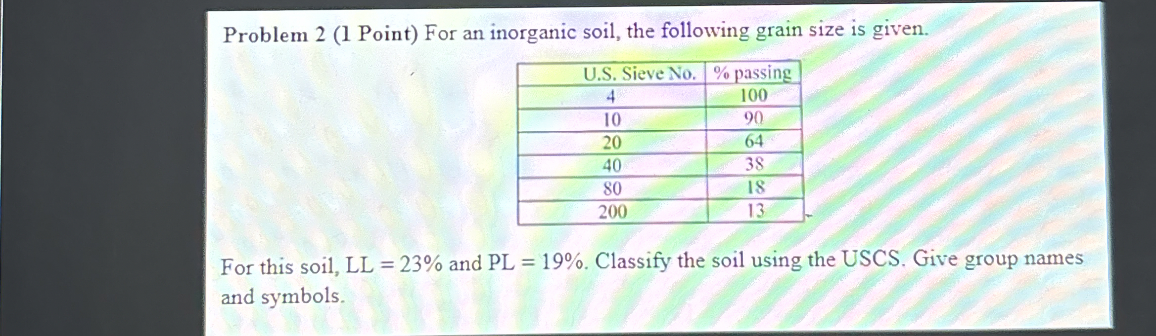 Problem 2 ( l Point ) For an inorganic soil, the