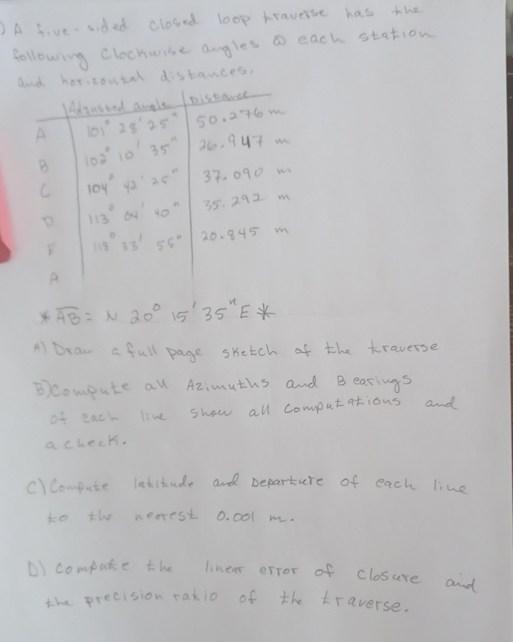 A five - sided closed loop traverse has the