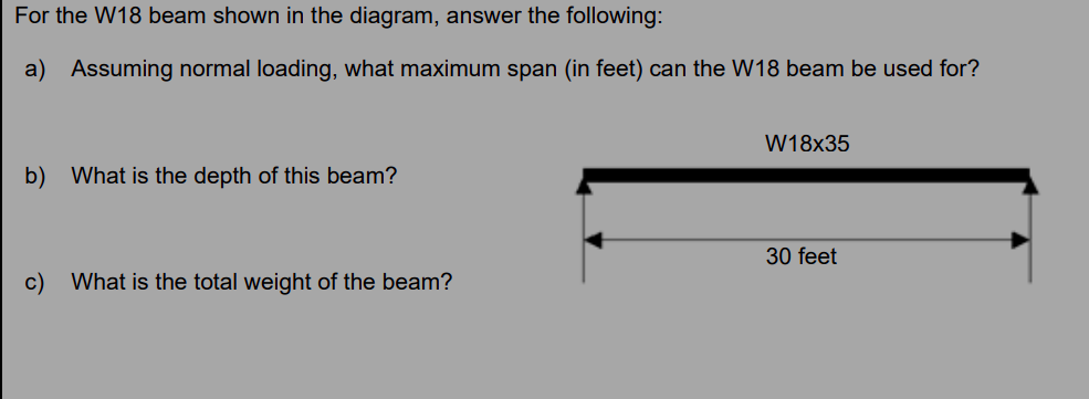 For the W 1 8 beam shown in the diagram, answer