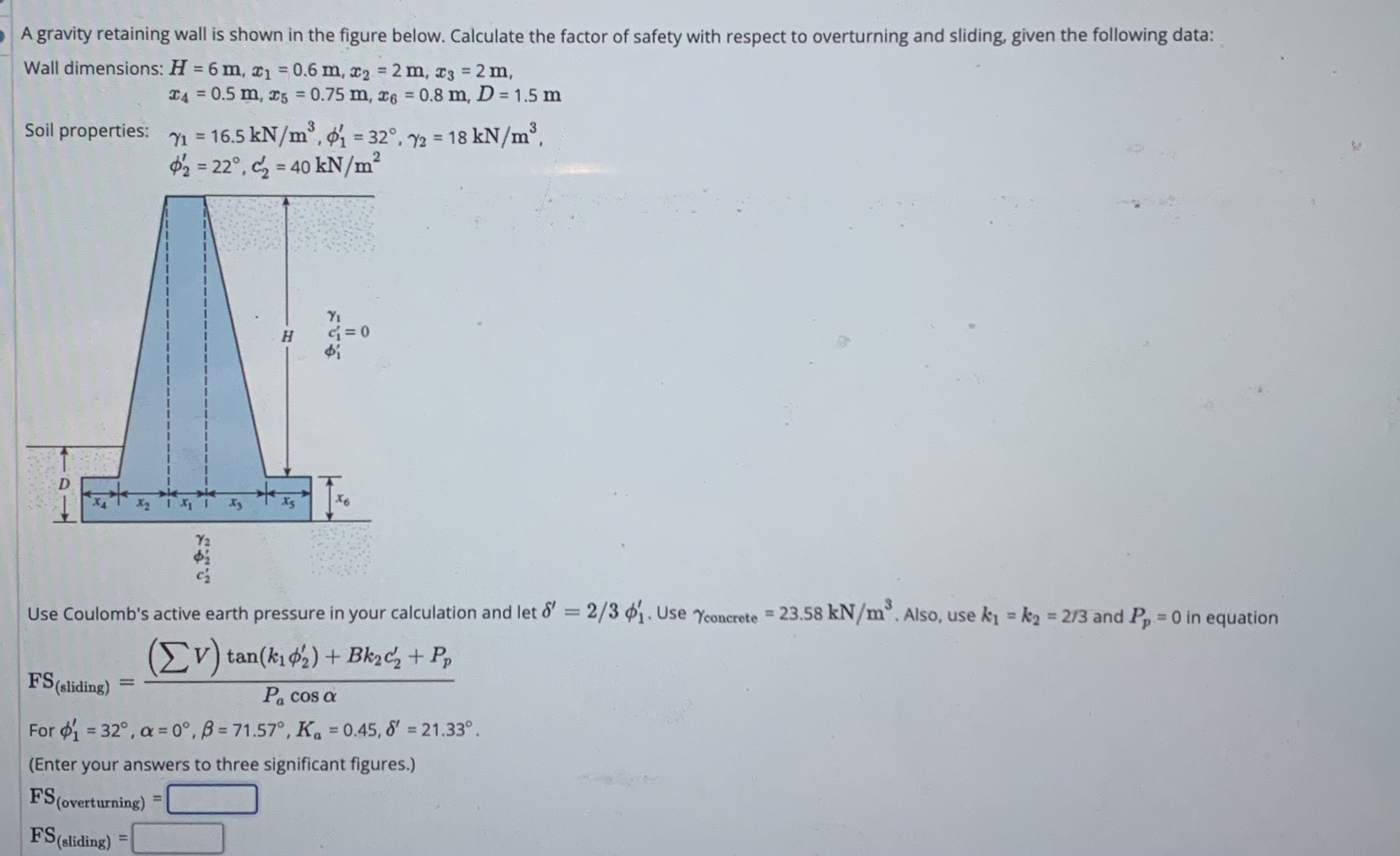 A gravity retaining wall is shown in the figure